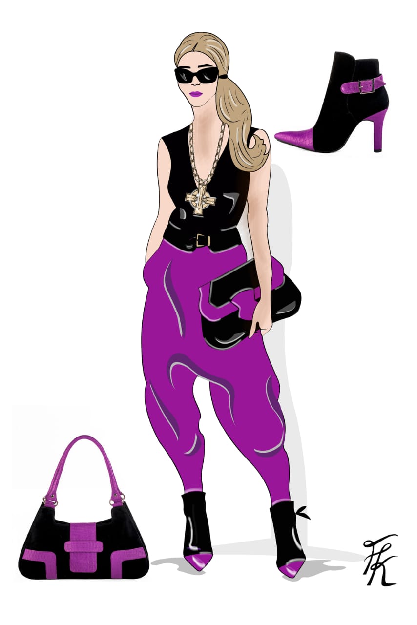 Dress handbag in mauve purple and matt black leather - Worn view